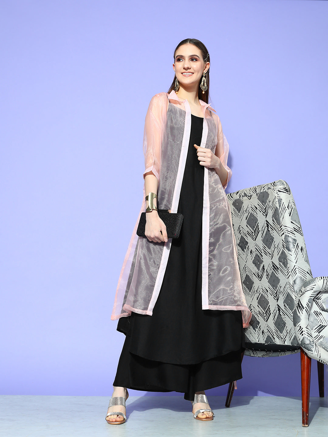 InWeave Women's Black Strappy Kurta Set With Peach Organza Cape | Grocsy