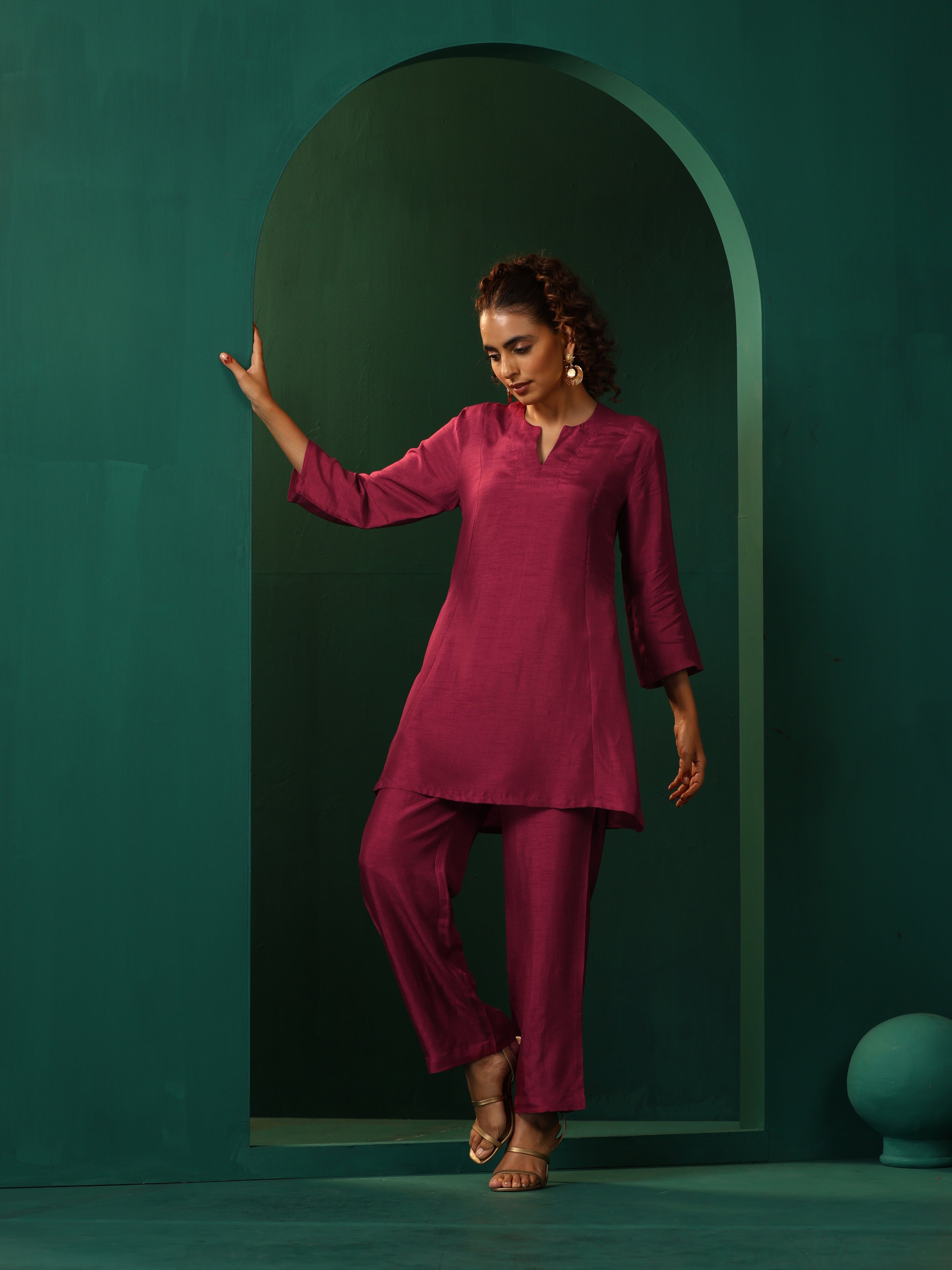 trueBrowns Maroon Silk Relaxed Co-ord Set | Grocsy