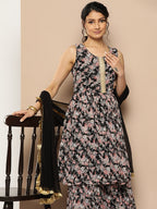 KSUT (House of Varanga) Black Printed Anarkali Kurta Paired With Sharara And Plain Tonal Dupatta | Grocsy
