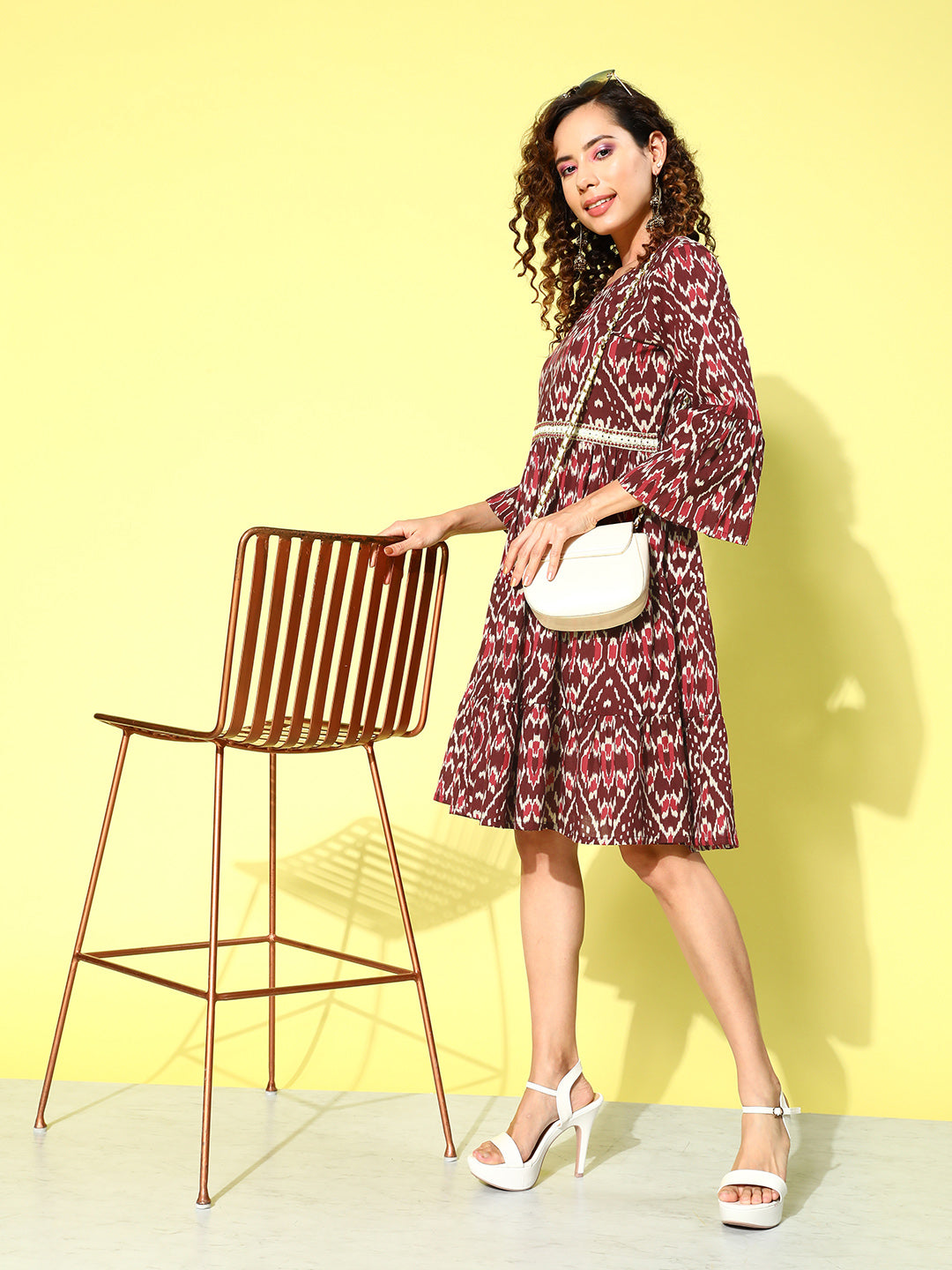 InWeave Women's Wine Pink Ikkat Print Short Dress | Grocsy