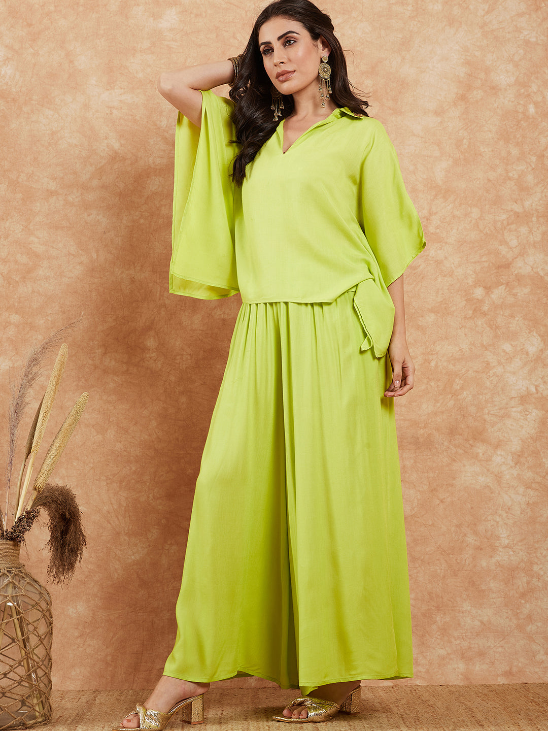 InWeave Women's Lime Green Solid Collar Neck Boho Top Bottom Set | Grocsy