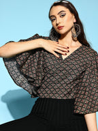 InWeave Women's Black Foil Print Bell Sleeves Top | Grocsy