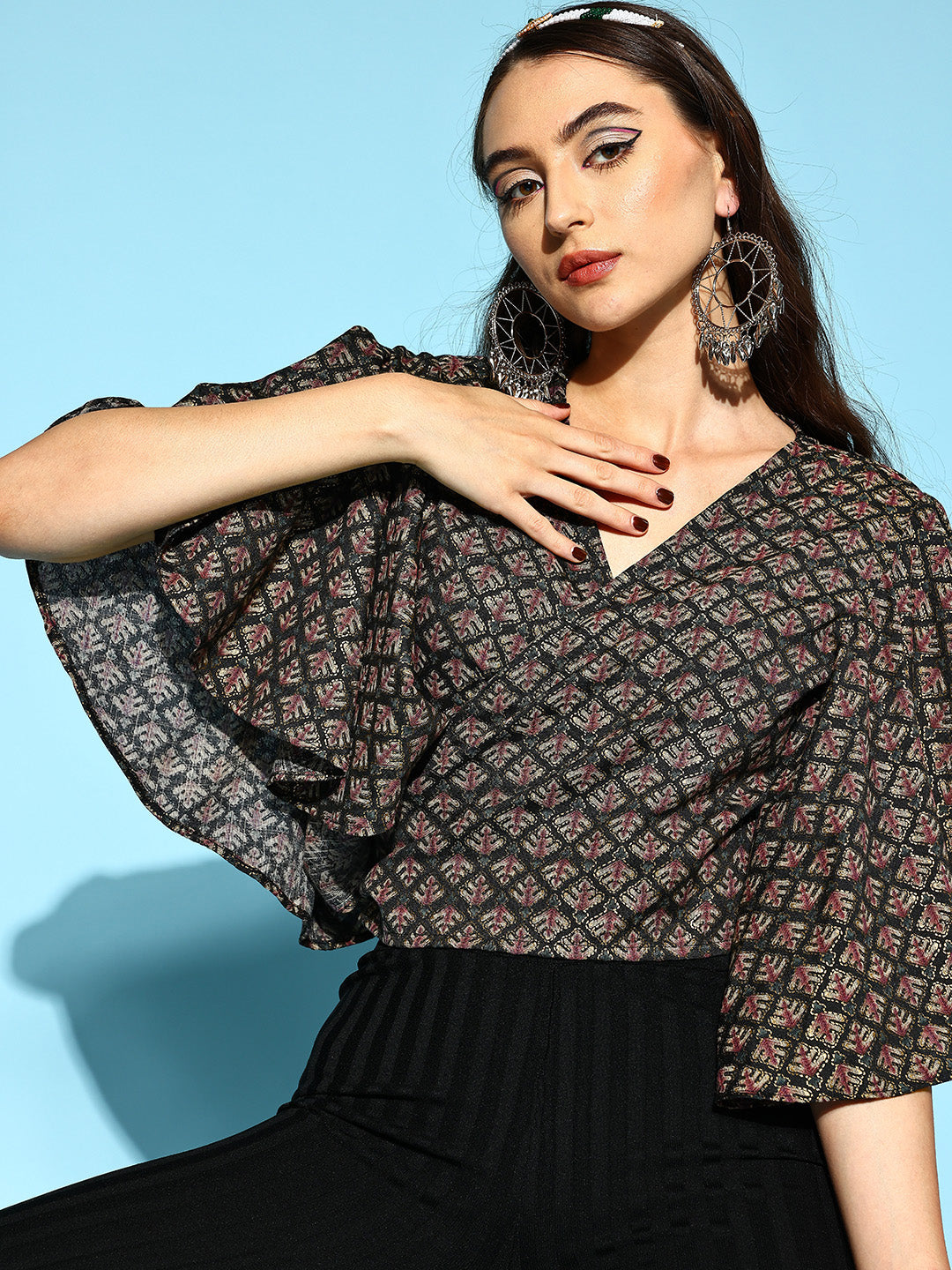InWeave Women's Black Foil Print Bell Sleeves Top | Grocsy