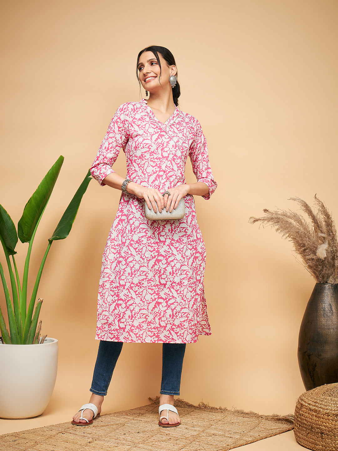 InWeave Women's Pink Foil White Print Angrakha Stright Kurta | Grocsy