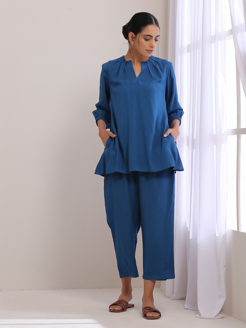 trueBrowns Classic Blue Dobby Pleated Co-Ord Set | Grocsy