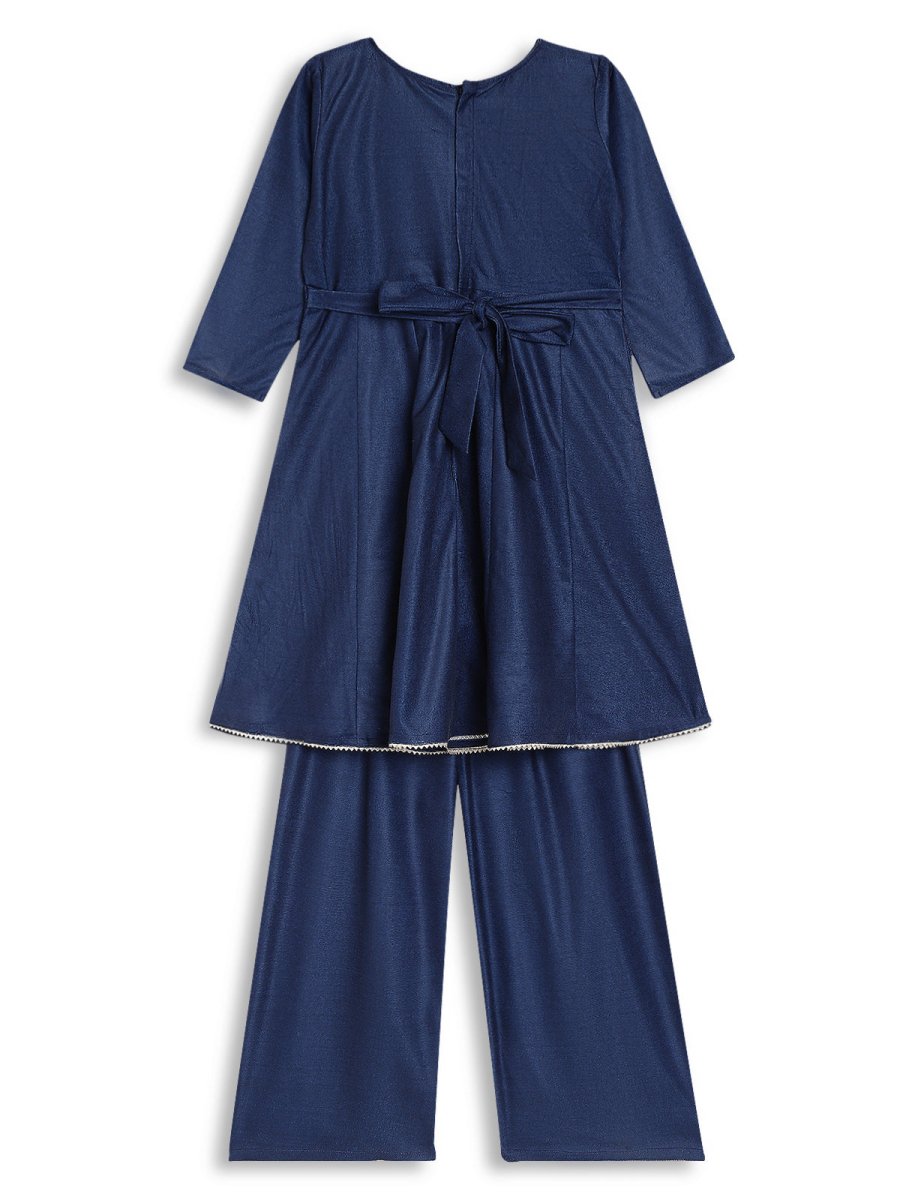 Ahalyaa Girls Navy Blue Velvet Angrakha Gotta Patti Kids Kurta with Palazzos | Grocsy