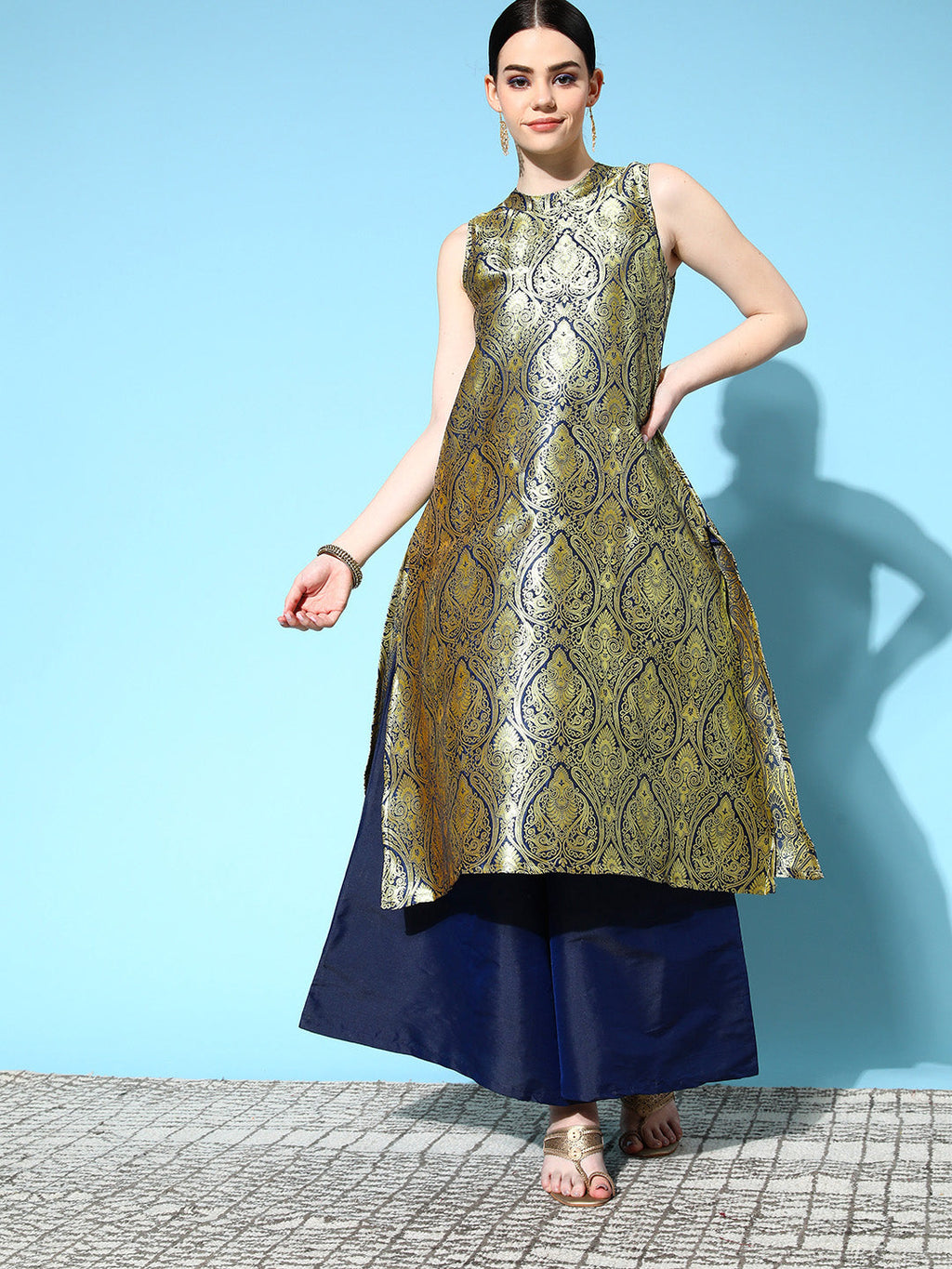 InWeave Women's Blue Banarasi Halter Kurta Set | Grocsy