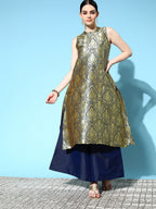 InWeave Women's Blue Banarasi Halter Kurta Set | Grocsy