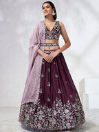 House of Panchhi Burgundy Pure Georgette Sequins And Thread Embroidery Lehenga Choli & Dupatta | Grocsy