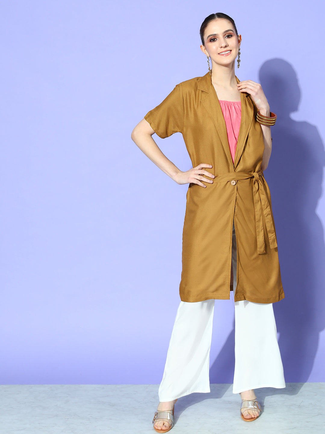 InWeave Women's Camel Brown Cream Pant Coord Set With Peach Crop Top | Grocsy