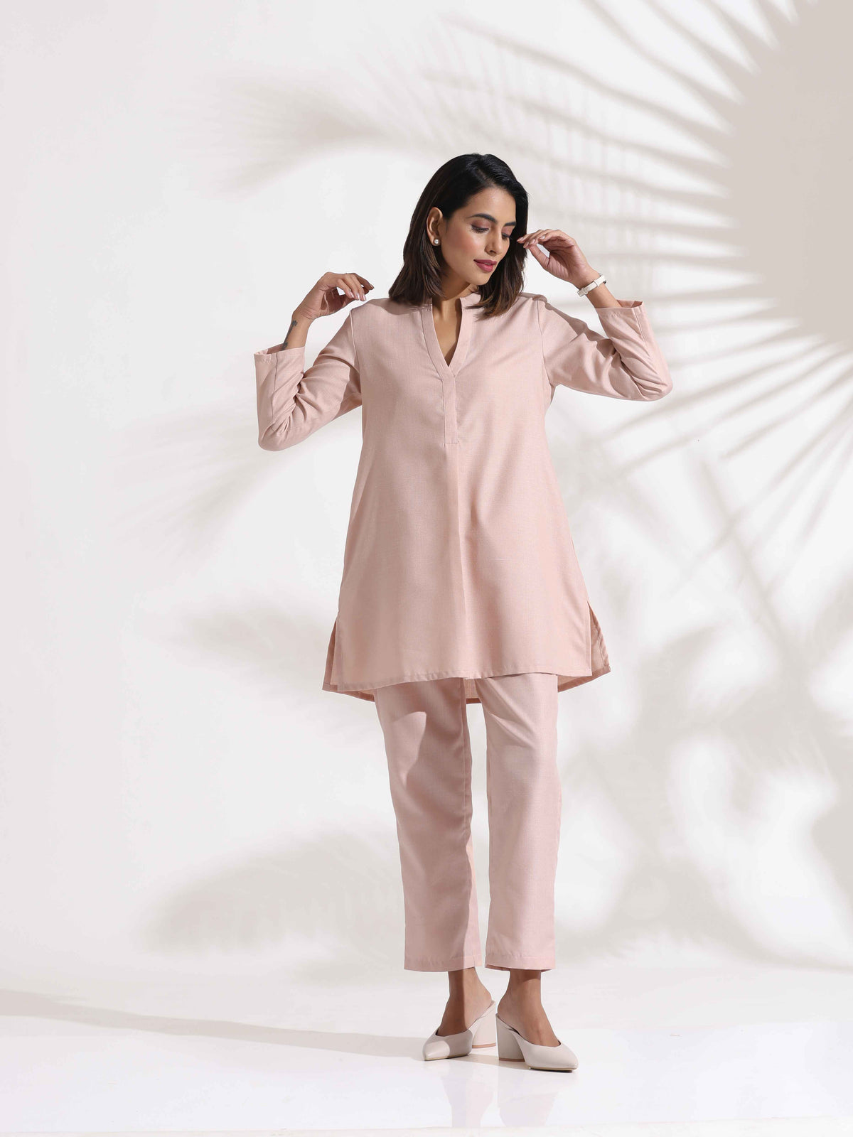 trueBrowns Light Pink Slub Co-ord Set | Grocsy
