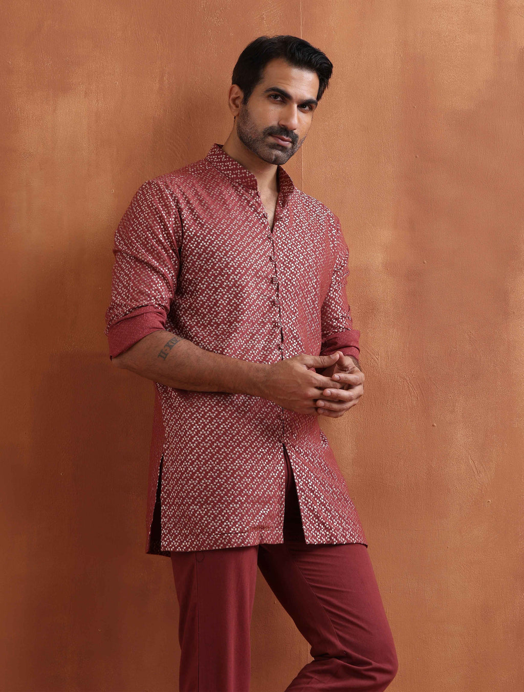 trueBrowns Men's Rust Cotton Dobby Short Kurta | Grocsy