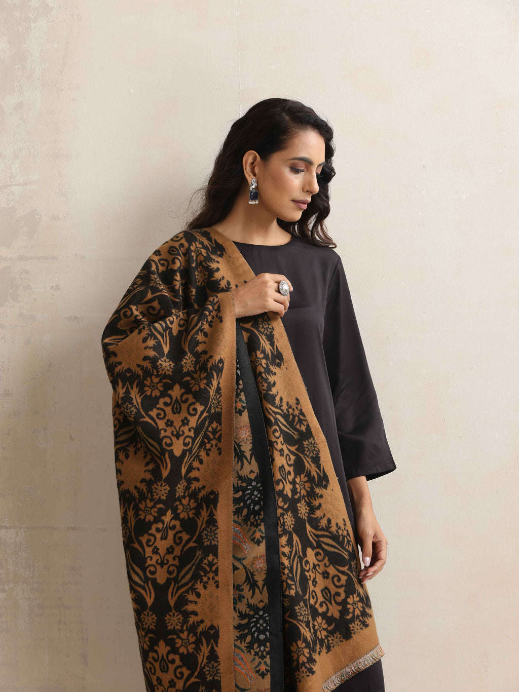 trueBrowns Brown Floral Reversible Woollen Stole | Grocsy