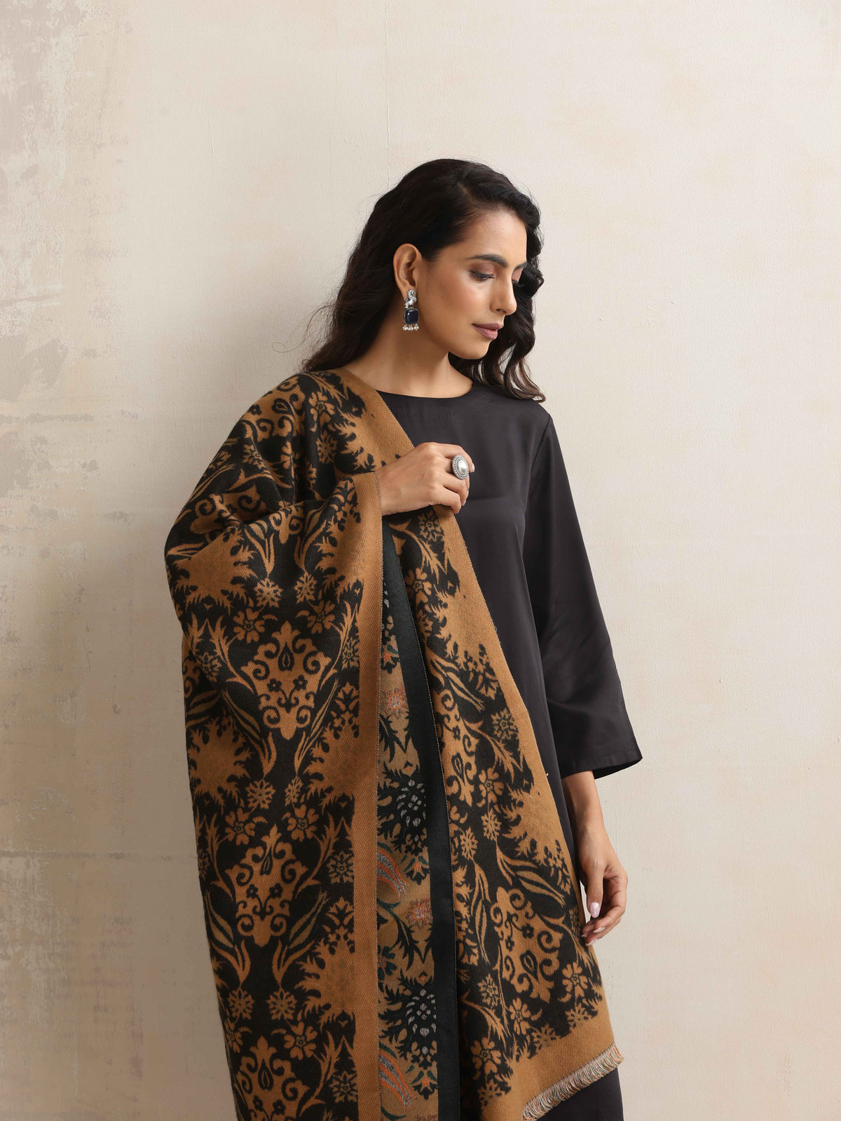 trueBrowns Brown Floral Reversible Woollen Stole | Grocsy