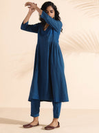 trueBrowns Blue Cotton Dobby Flared Kurta Pant Set | Grocsy