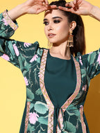 Ahalyaa Green Crepe Puff Sleeves Floral Printed Maxi Ethnic Dress with Waist Tie-Ups | Grocsy