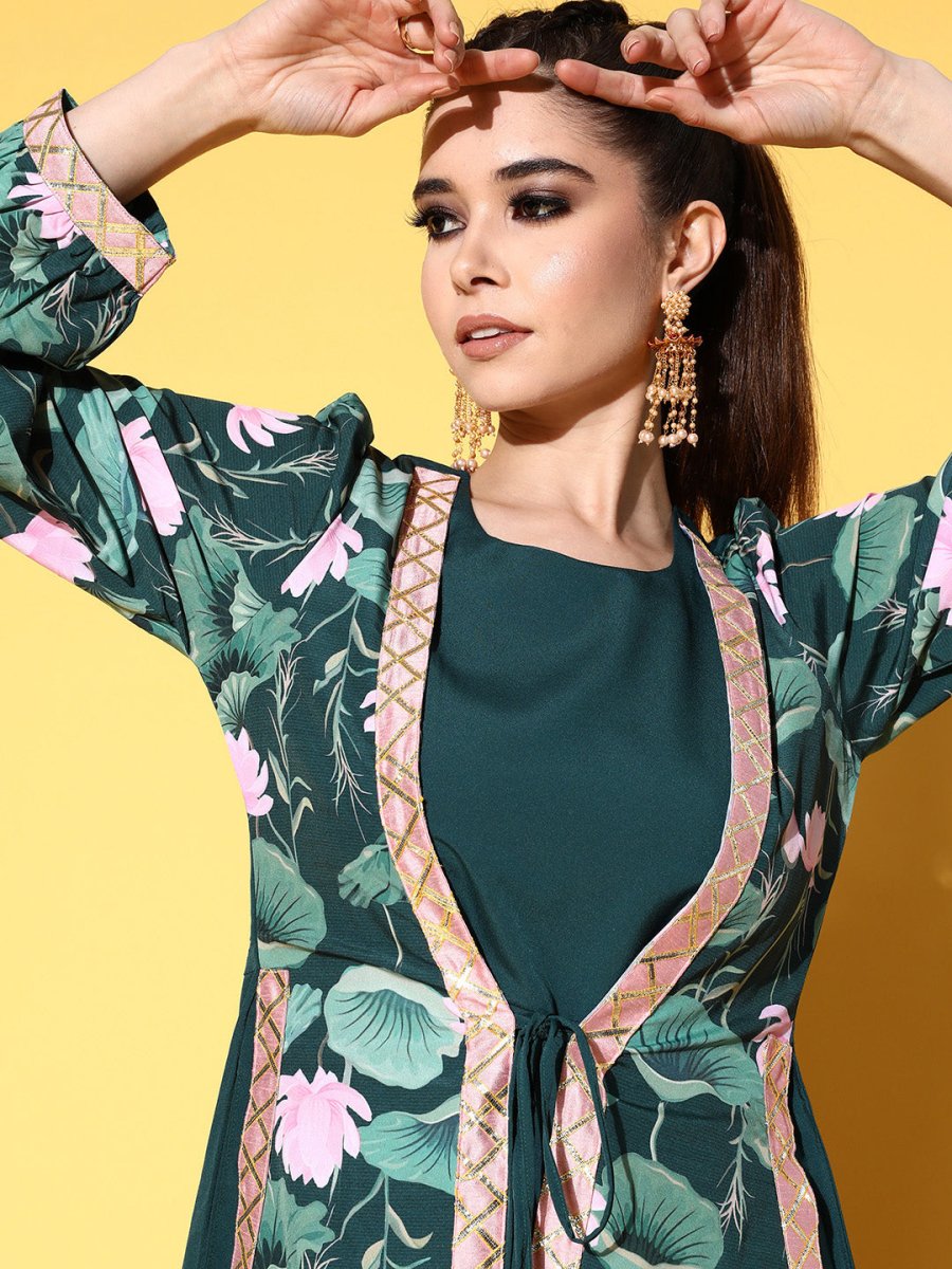 Ahalyaa Green Crepe Puff Sleeves Floral Printed Maxi Ethnic Dress with Waist Tie-Ups | Grocsy