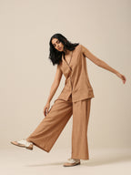 trueBrowns Beige Slub Texture Sleevesless Jacket Pant Set | Grocsy