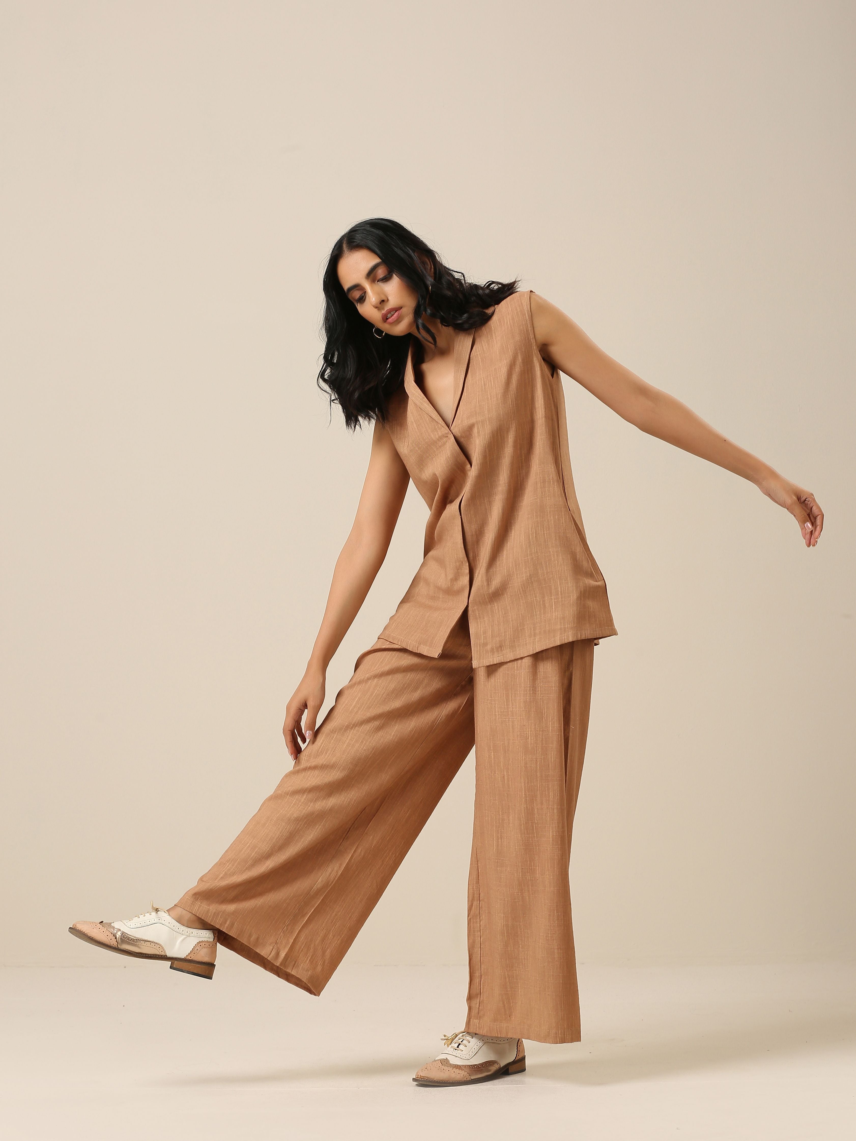 trueBrowns Beige Slub Texture Sleevesless Jacket Pant Set | Grocsy
