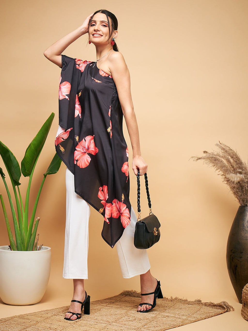 InWeave Women's Black Red Big Flower One Shoulder Kurta | Grocsy