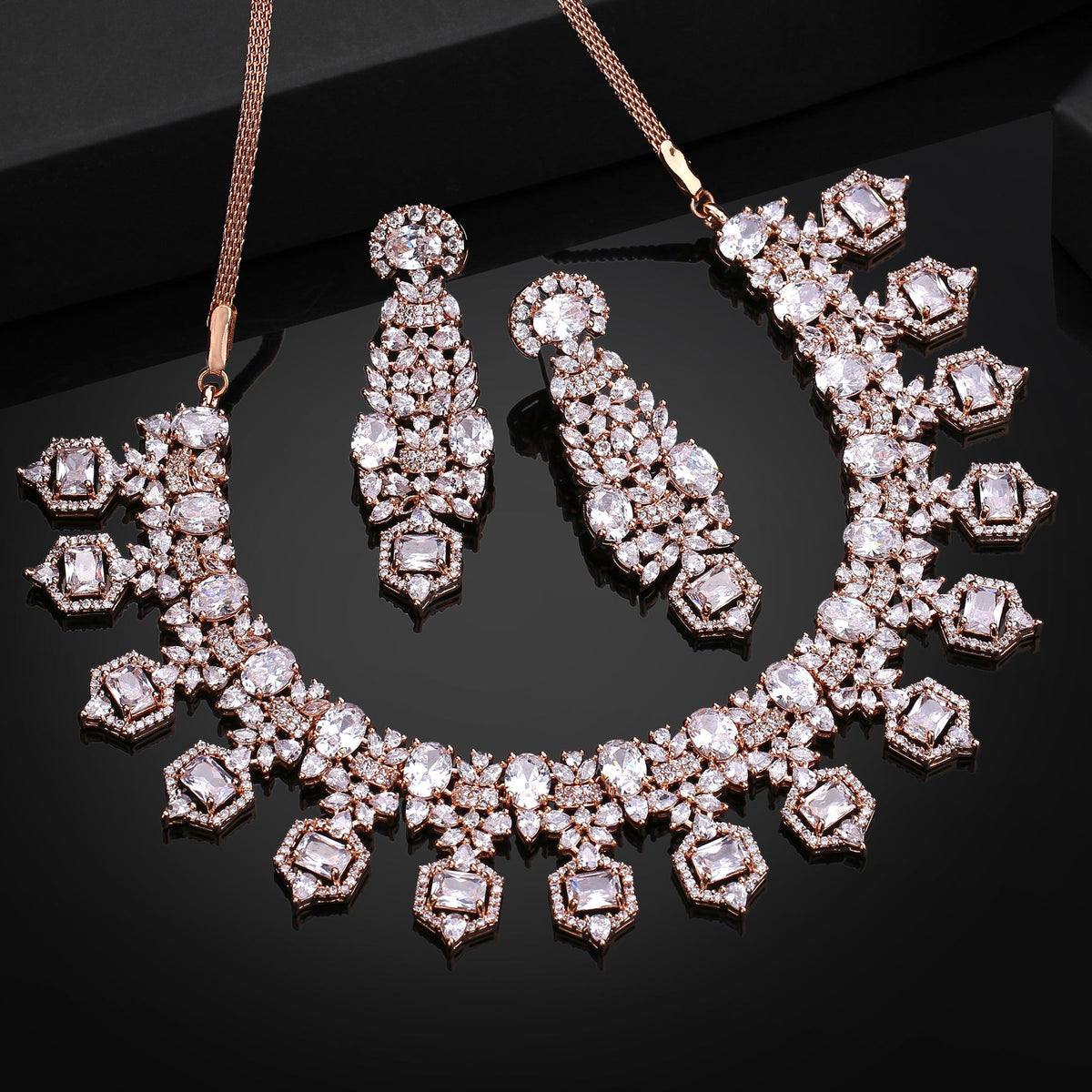 Estele Rhodium Plated CZ Astonishing Necklace Set with White Stones for Women