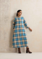 trueBrowns Beige Check Flared Winter Dress | Grocsy