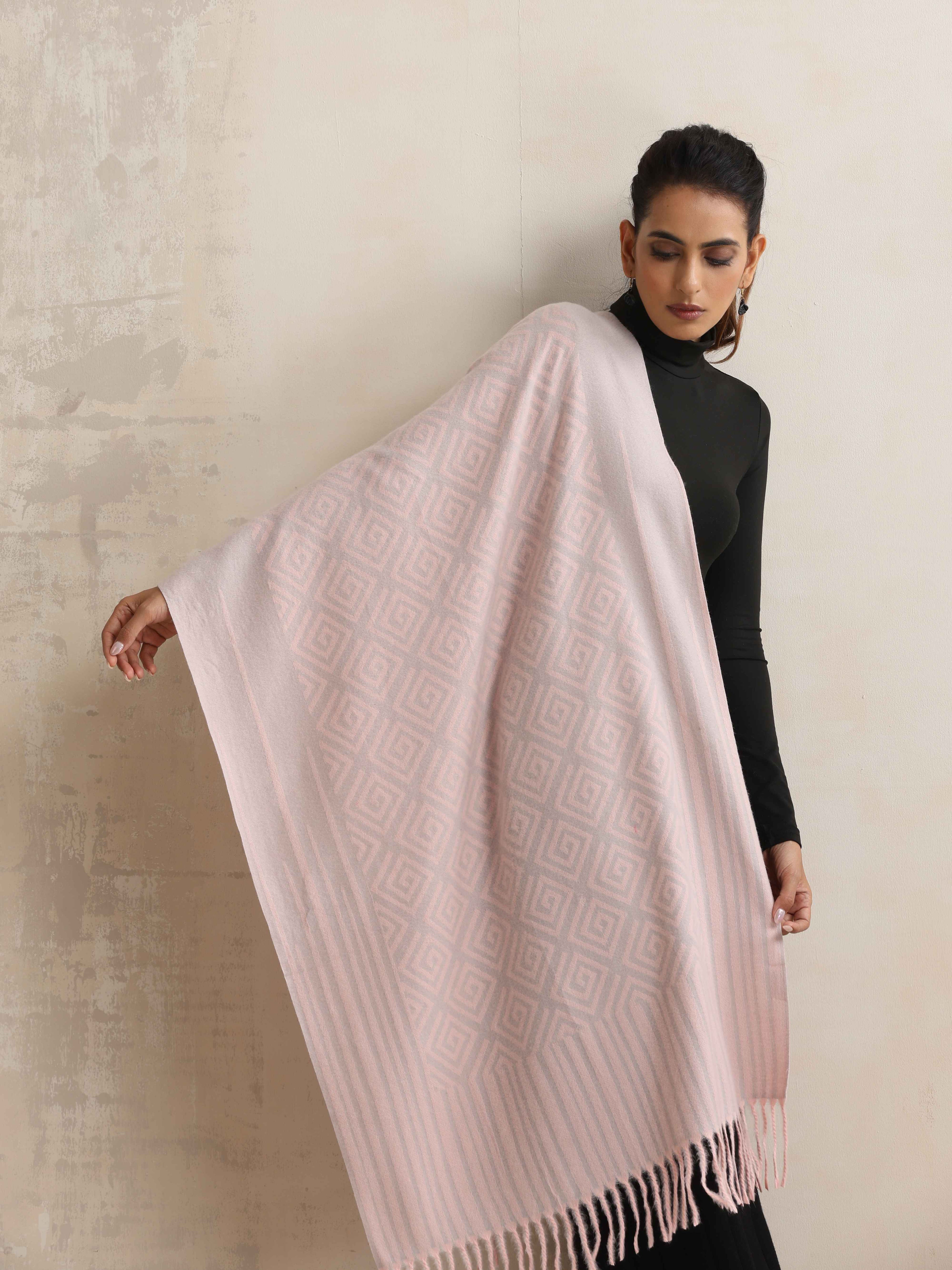 trueBrowns Pink Geometric Woollen Stole | Grocsy