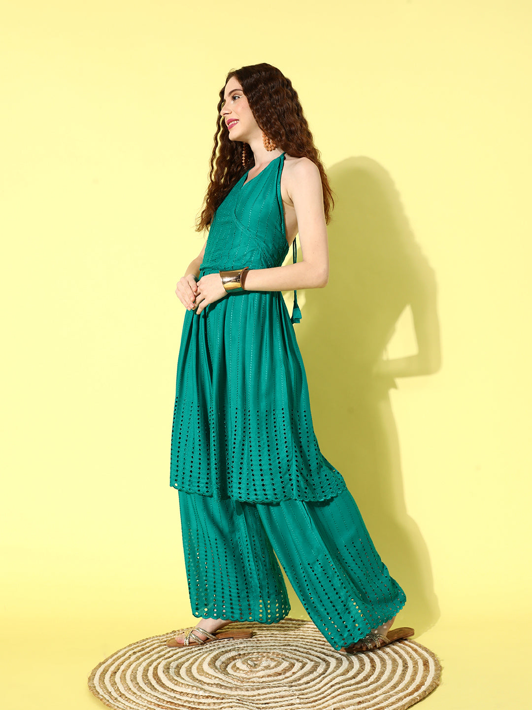 InWeave Women's Teal Lace Work Backless Kurta Sharara Set With Lehariya Dupatta | Grocsy