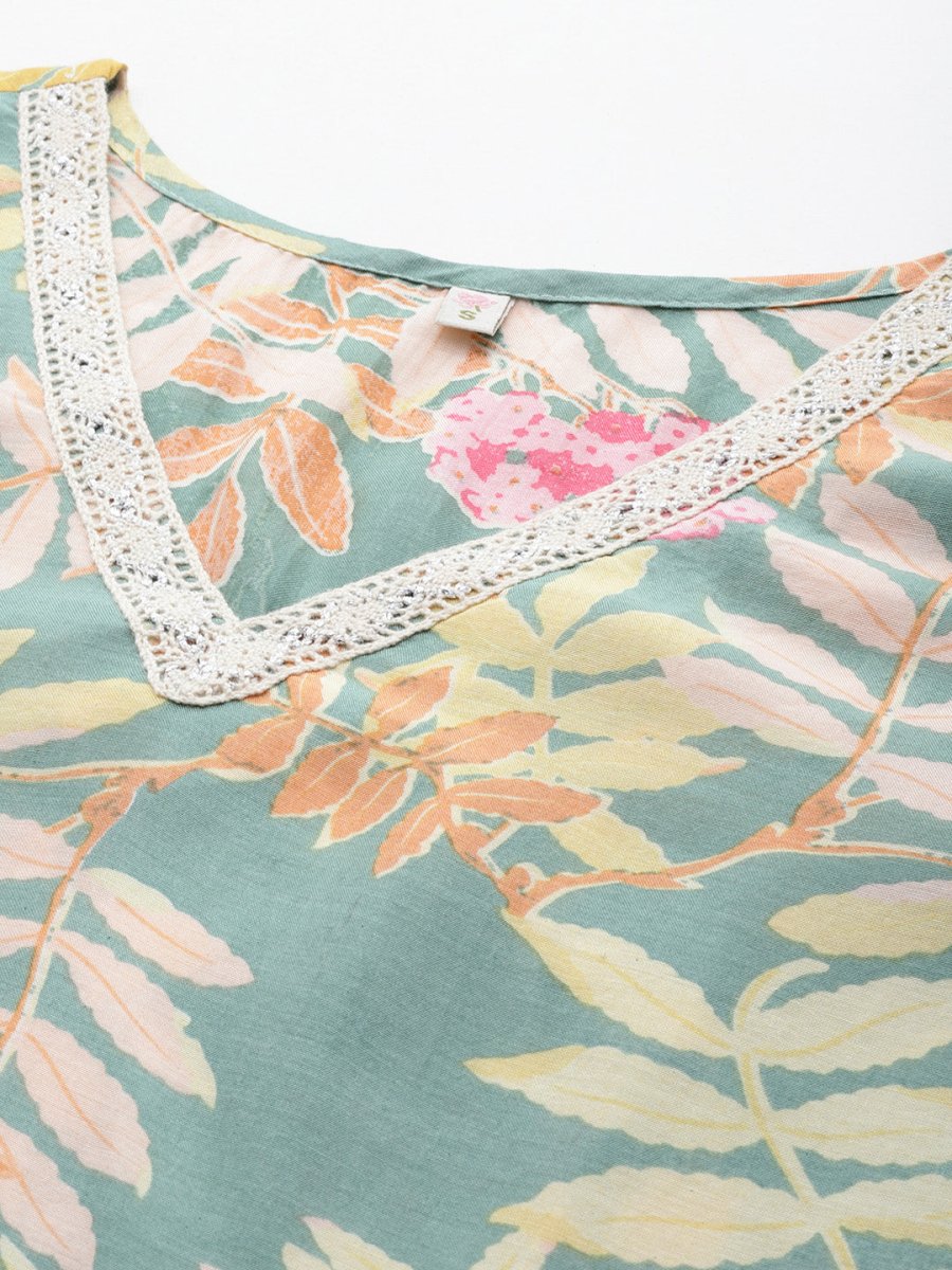 Ahalyaa Floral Printed Tunic with Lace Inserts Detail | Grocsy