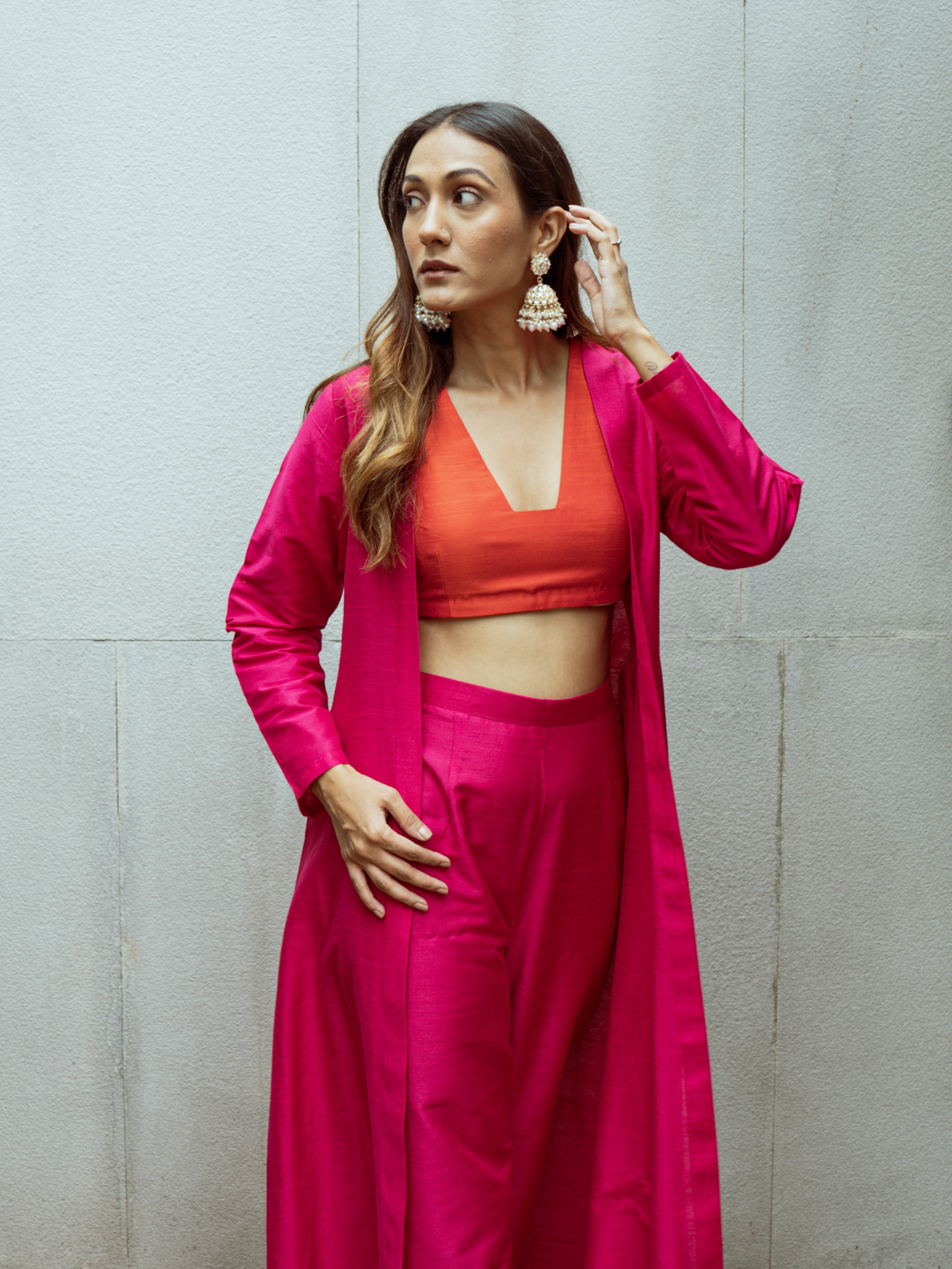 trueBrowns Pink Dupion Silk Overlay Jacket Blouse Pant Set | Grocsy