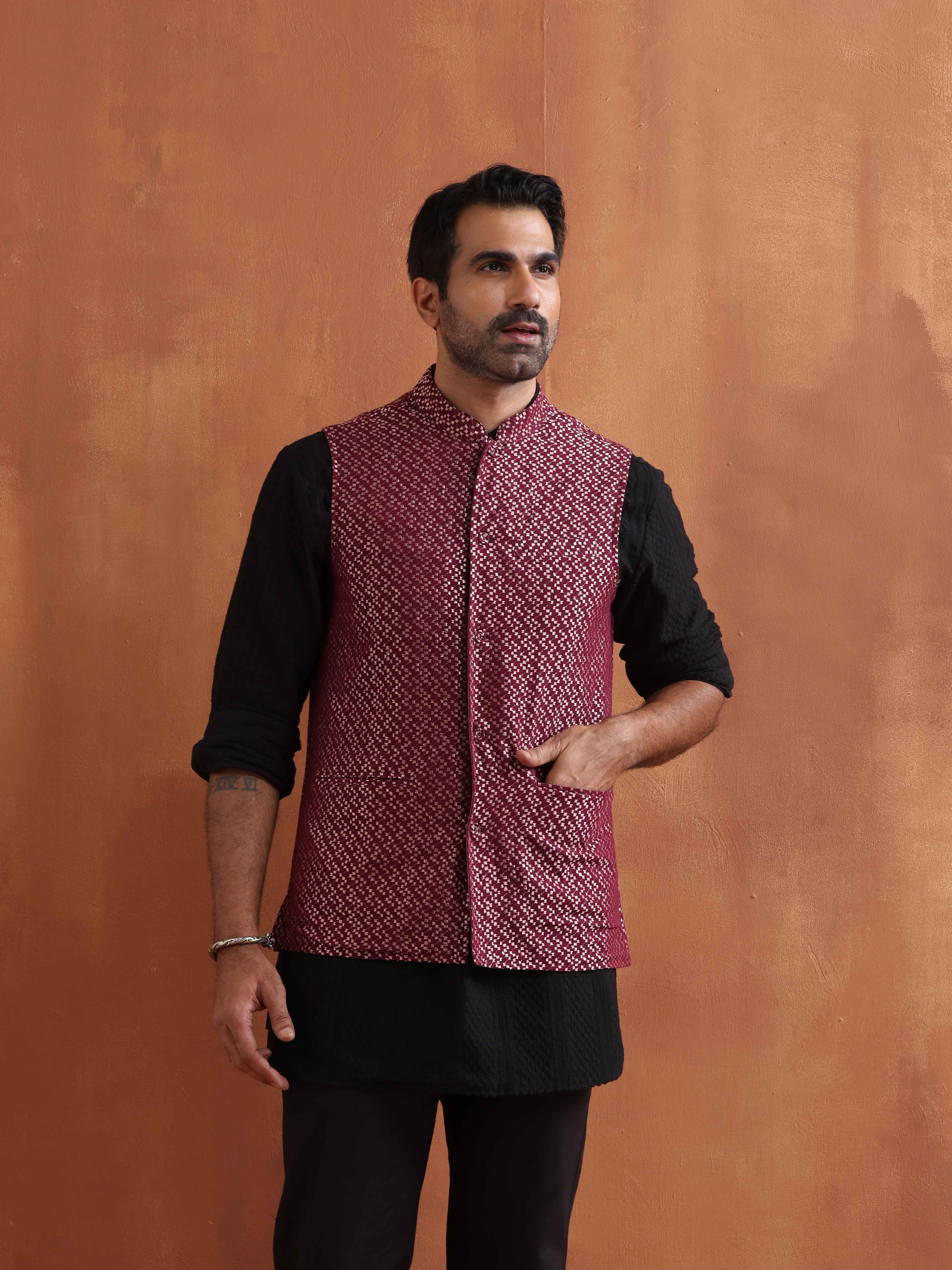 trueBrowns Men's Dark Purple Cotton Dobby Nehru Jacket | Grocsy