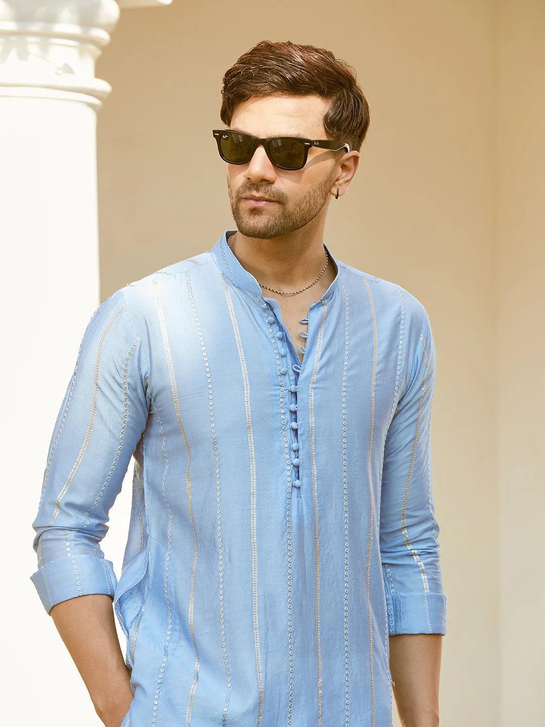 Fabmade Embroidered Regular Sequinned Chanderi Silk Kurta With Pyjamas | Grocsy