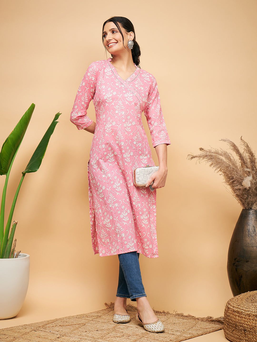 InWeave Women's Light Pink Floral Print Straight Angrakha Gota Kurta | Grocsy