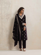 trueBrowns Wine Velvet Floral Embroidered Kurta Pant Dupatta Set | Grocsy