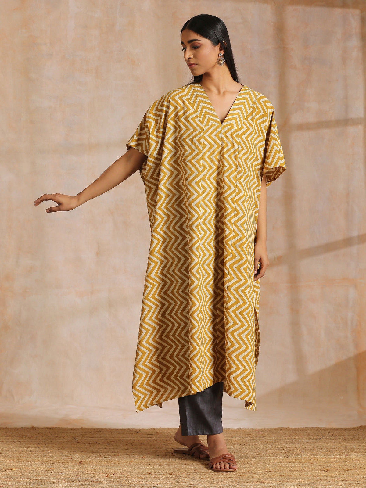 trueBrowns Mustard Dabu Zig-Zag Lines Print Cotton Panel Kaftan Kurta Pant Set | Grocsy