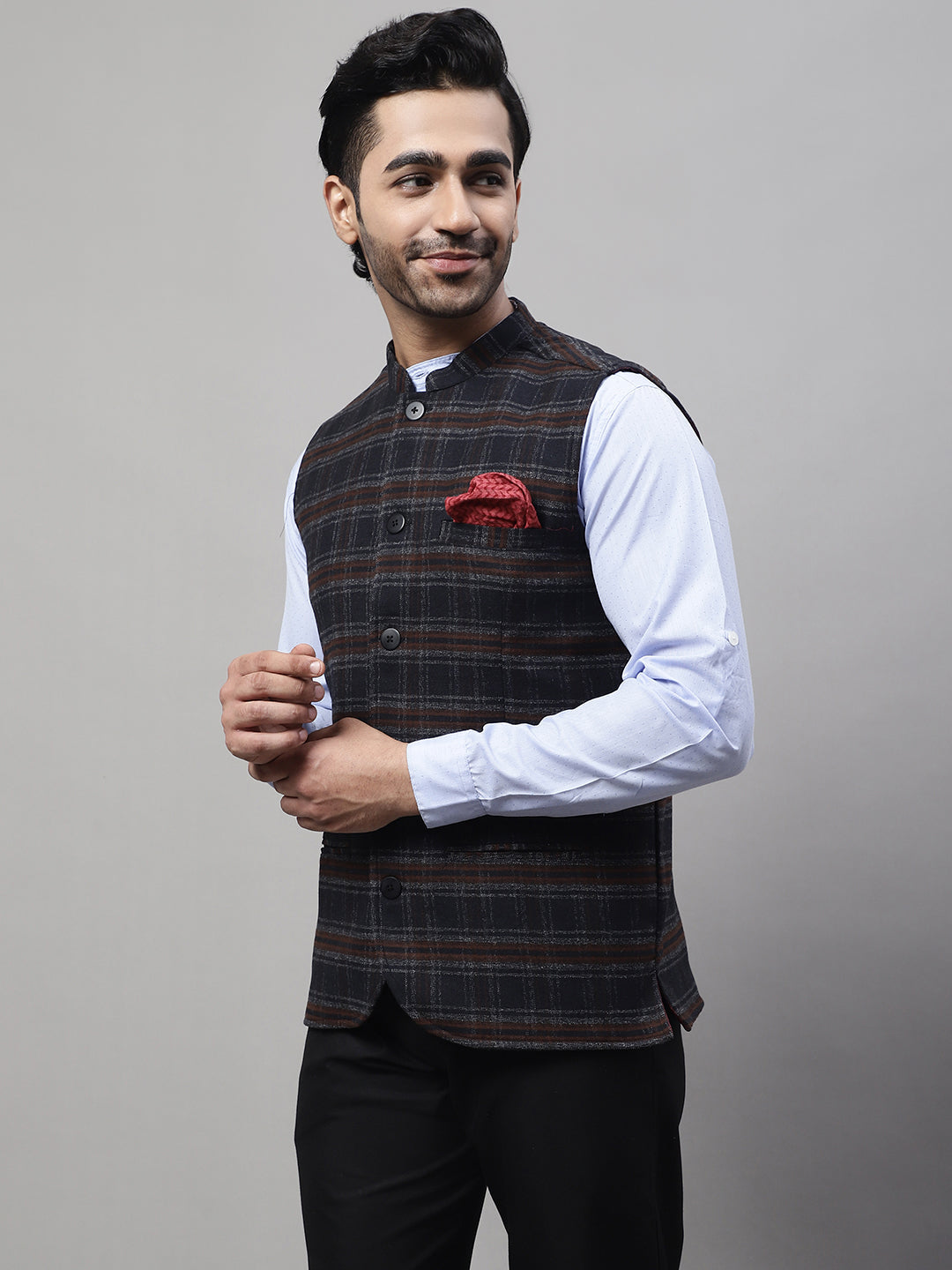 Even Apparels Men's Black Nehru Jacket With Welt Pockets | Grocsy