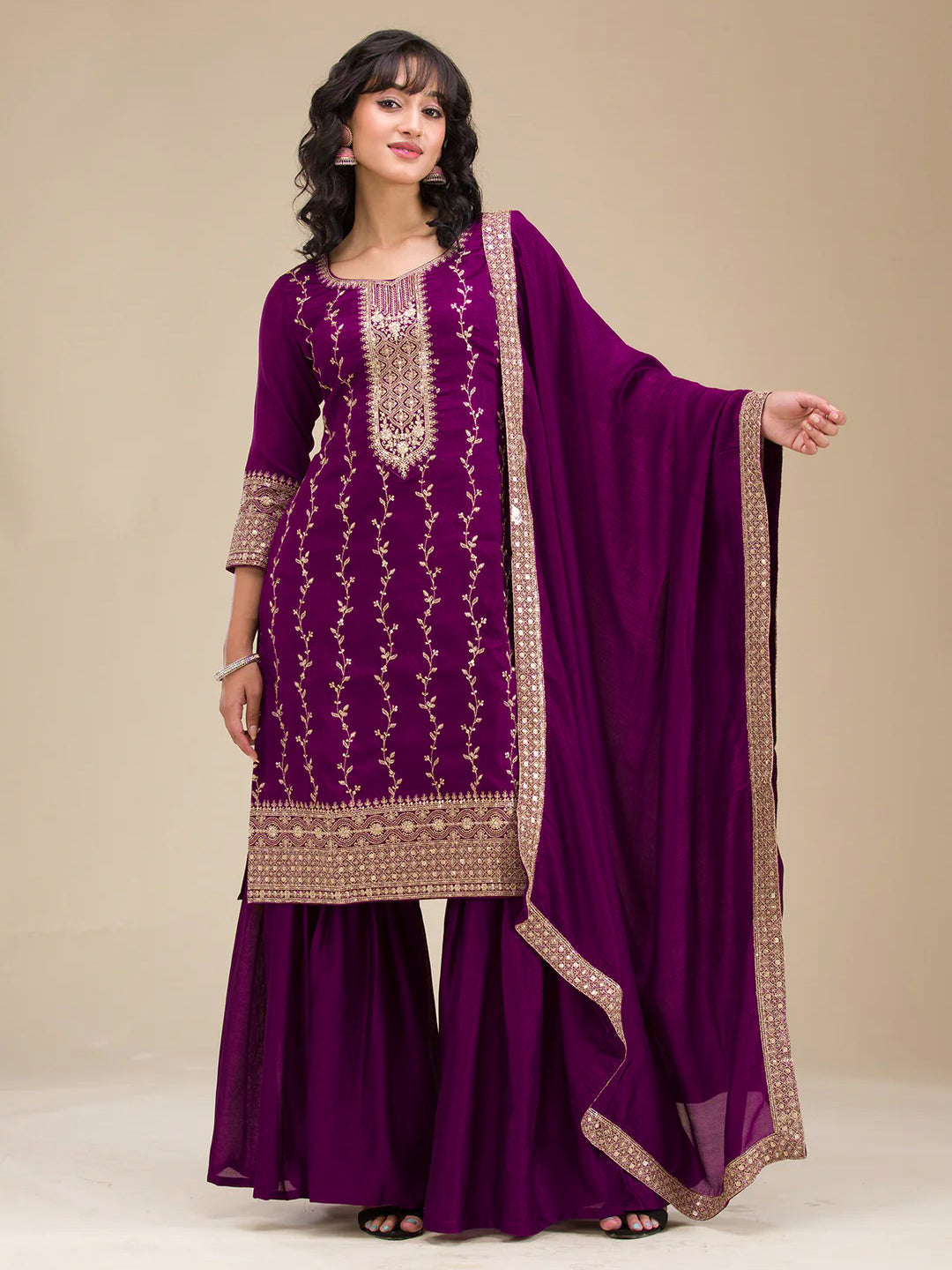 The52 Beautiful Embroidered Vichitra Silk Fabric Straight Kurta, Palazzo and Dupatta Set | Grocsy