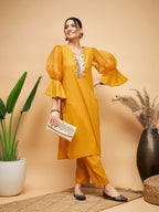 InWeave Women's Mustard Organza Sleeve Kurta Set | Grocsy