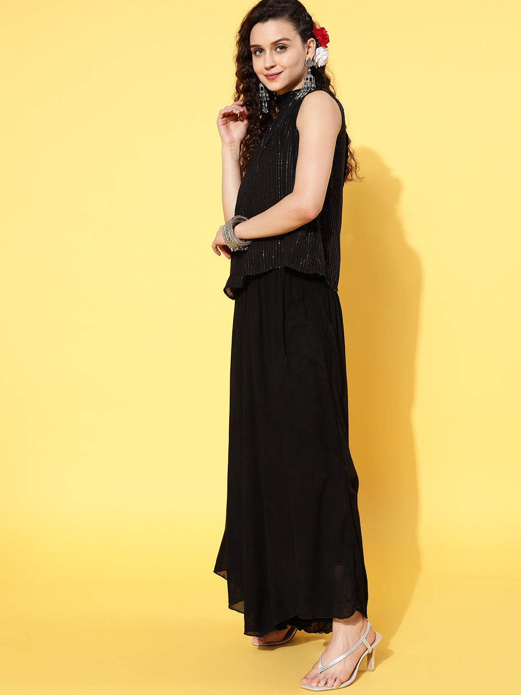 InWeave Women's Black Lurex Top With Flared Pallazo | Grocsy