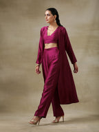 trueBrowns Purple Textured Silk Overlay Jacket Blouse Pant Set | Grocsy