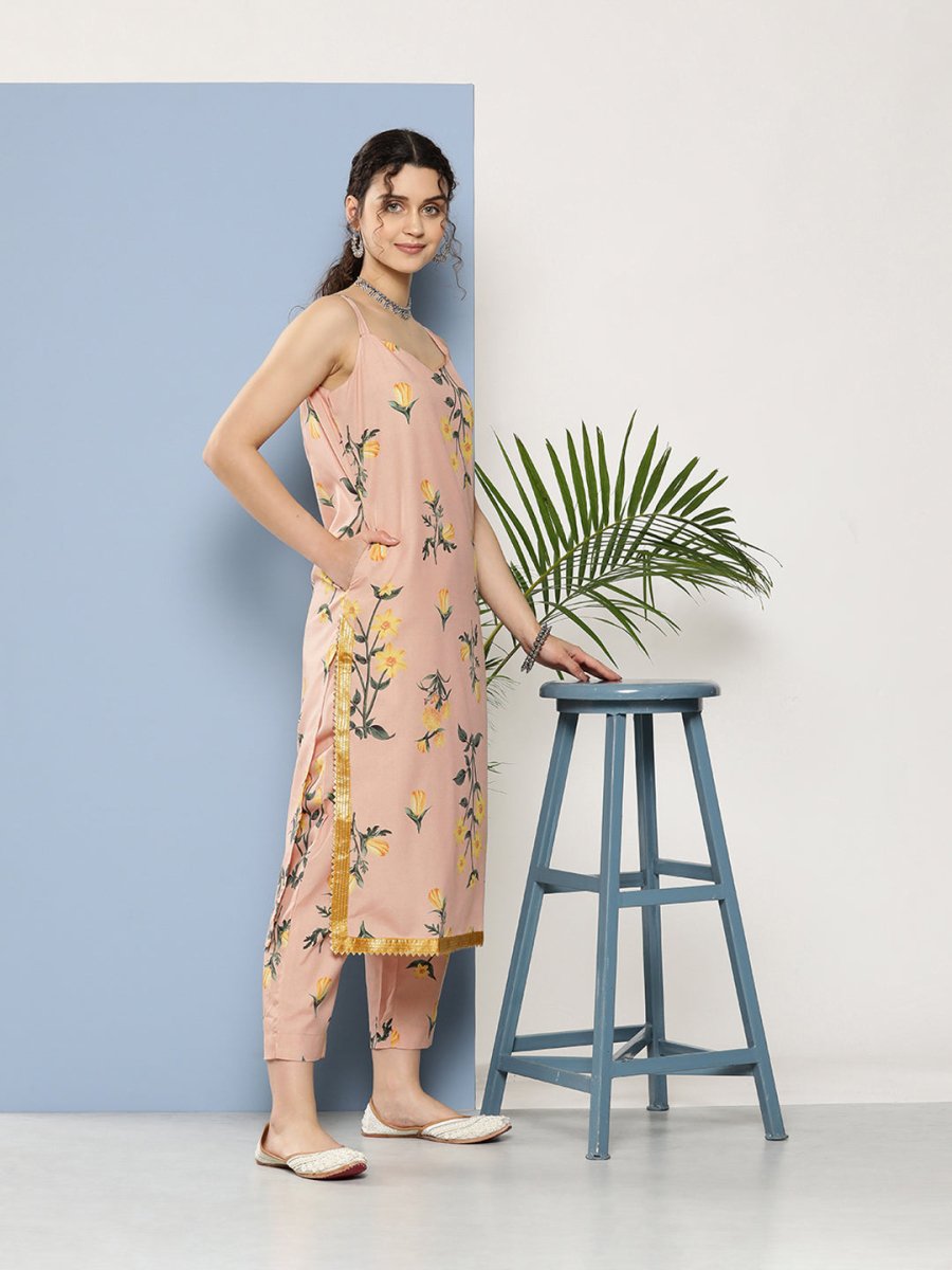 Ahalyaa Women Nude-Coloured Floral Printed Gotta Patti Kurta with Trousers & With Dupatta | Grocsy