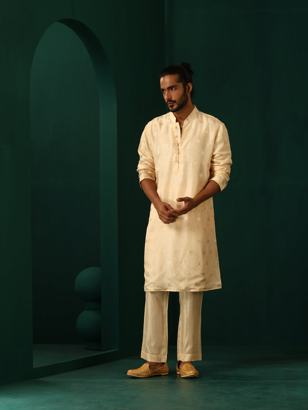 trueBrowns Men's Ivory Geometric Floral Viscose Silk Long Kurta | Grocsy