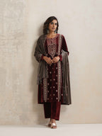 trueBrowns Maroon Velvet Embroidered Kurta Pant Dupatta Set | Grocsy