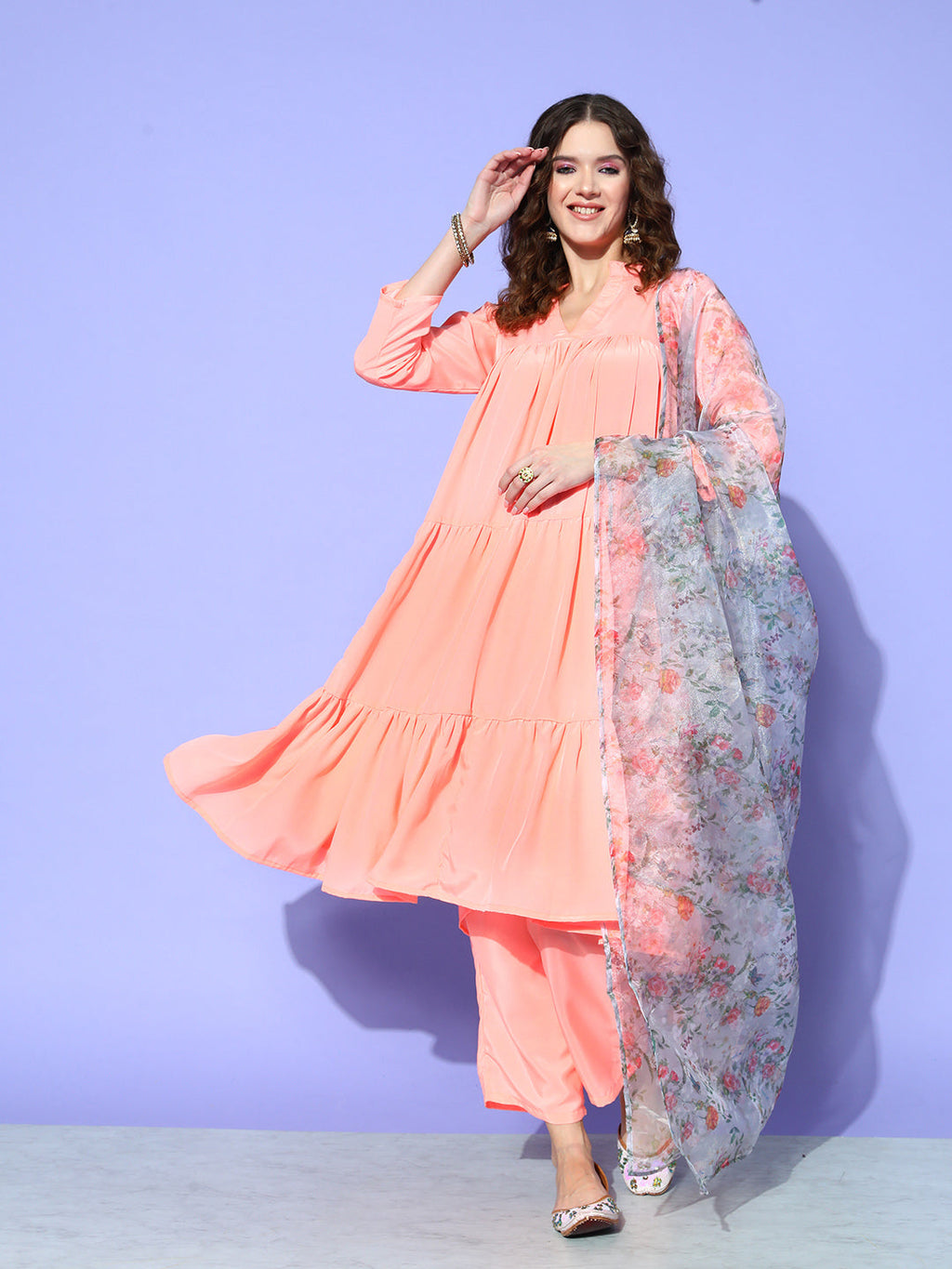 InWeave Women's Peach Flared Kurta Set With Off White Folral Organza Dupatta | Grocsy