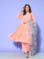 InWeave Women's Peach Flared Kurta Set With Off White Folral Organza Dupatta | Grocsy