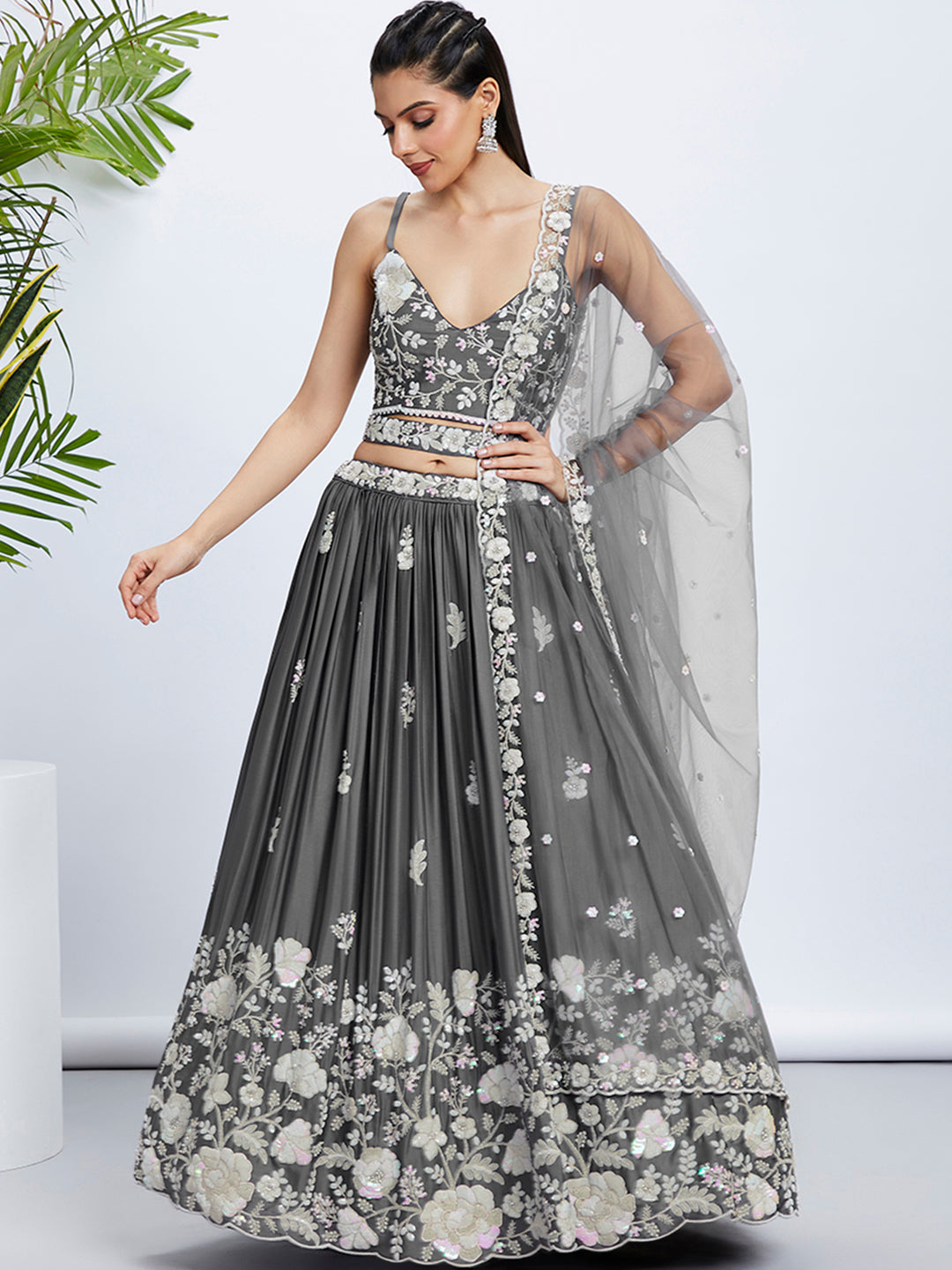 House of Panchhi Navy Blue Georgette Sequins, Mirror And Thread Embroidery Lehenga Choli & Dupatta | Grocsy