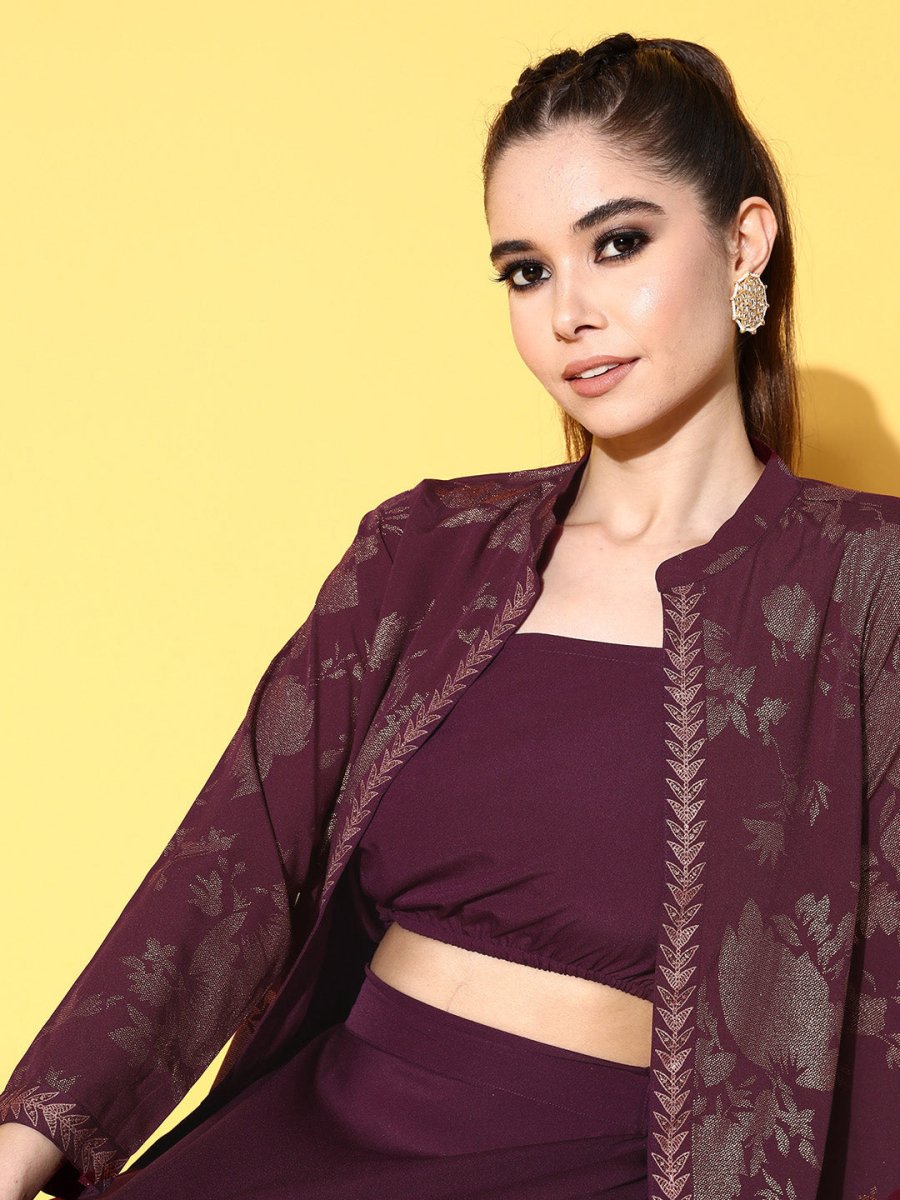 Ahalyaa Women Burgundy Top With Skirt & With Jacket | Grocsy
