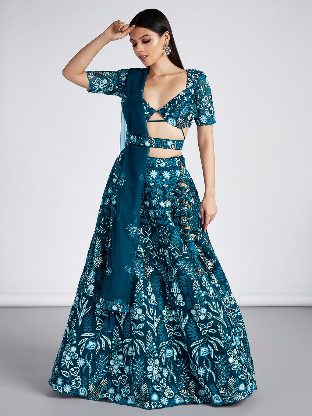 House of Panchhi Teal Net Sequins, Mirror And Thread Embroidery Lehenga Choli & Dupatta | Grocsy