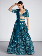 House of Panchhi Teal Net Sequins, Mirror And Thread Embroidery Lehenga Choli & Dupatta | Grocsy