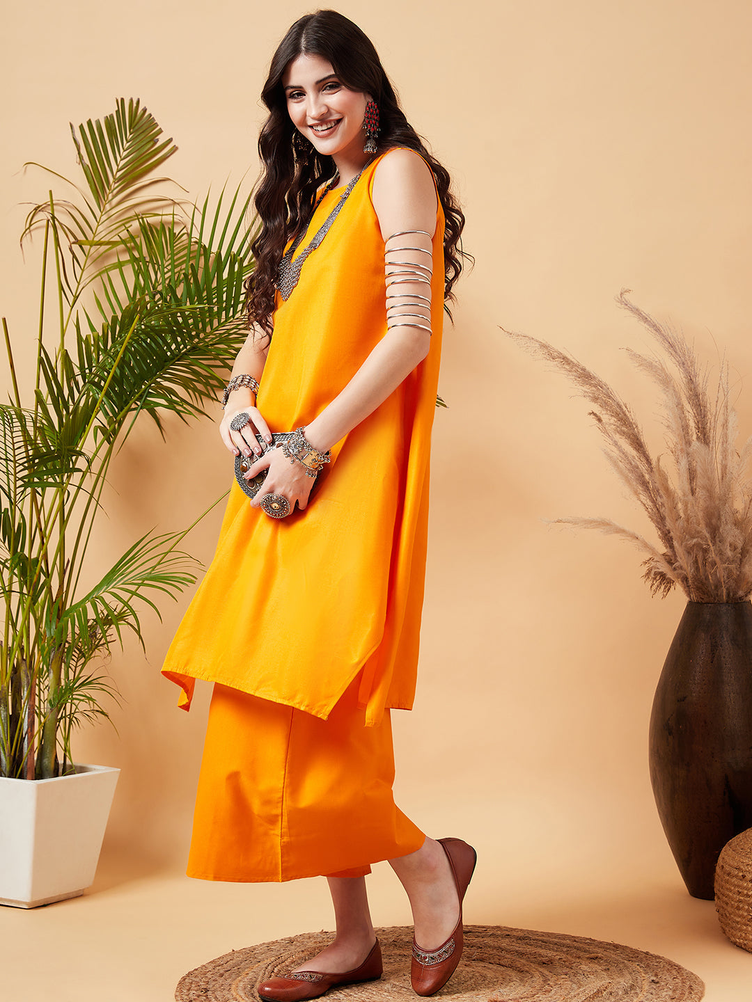 InWeave Women's Tangy Orange Short Kurta Palazzo Set | Grocsy